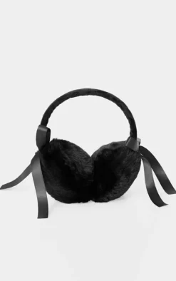 Black Faux Fur Bow Detail Ear Muffs