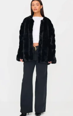 Black Faux Fur Bubble Vertical Coat