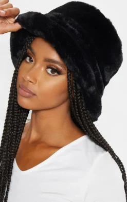 Black Faux Fur Bucket Hat