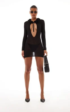 Black Faux Fur Collar Sheer Knit Mini Dress