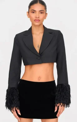 Black Faux Fur Cuff Detail Cropped Blazer