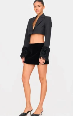 Black Faux Fur Cuff Detail Cropped Blazer