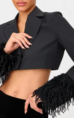 Black Faux Fur Cuff Detail Cropped Blazer