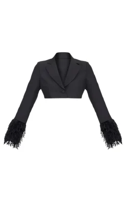 Black Faux Fur Cuff Detail Cropped Blazer