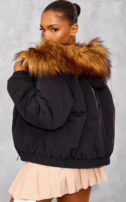 Black Faux Fur Detachable Hood Parka Coat