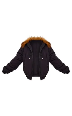 Black Faux Fur Detachable Hood Parka Coat