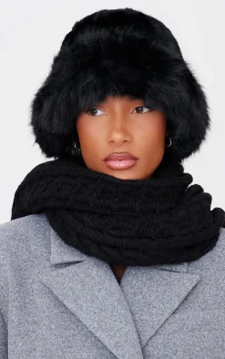 Black Faux Fur Fluffy Trim Bucket Hat