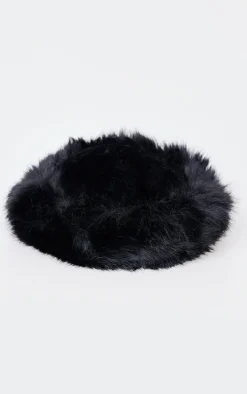 Black Faux Fur Fluffy Trim Bucket Hat