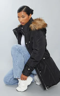 Black Faux Fur Hooded Elasticated Waist Longline Parka