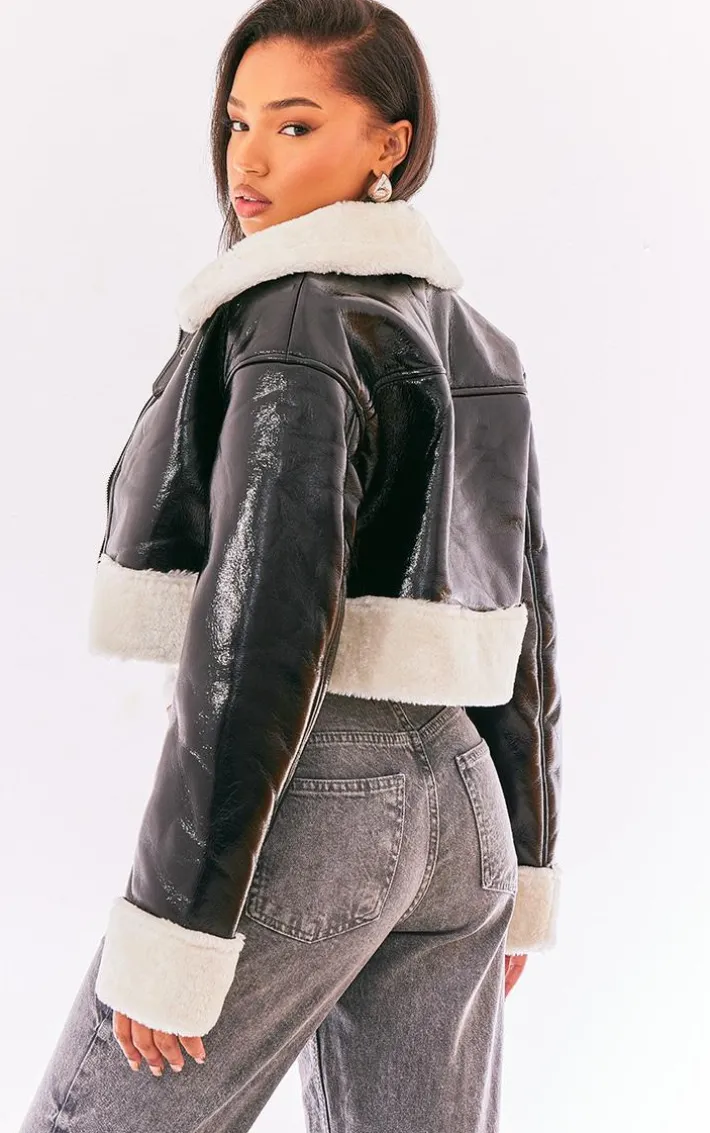 Black Faux Fur Trim Buckle Collar Vinyl Cropped Jacket