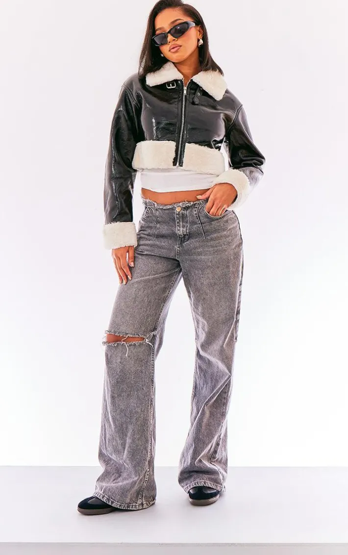 Black Faux Fur Trim Buckle Collar Vinyl Cropped Jacket