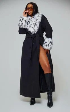 Black Faux Fur Trim Contrast Wool Look Maxi Coat