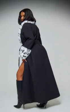 Black Faux Fur Trim Contrast Wool Look Maxi Coat