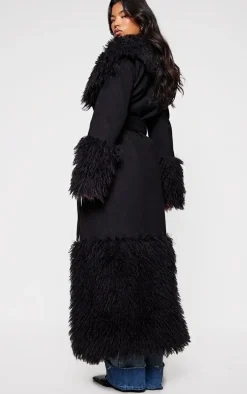 Black Faux Fur Trim Contrast Wool Look Coat
