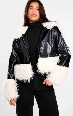 Black Faux Fur Trim Contrast Faux Leather Jacket