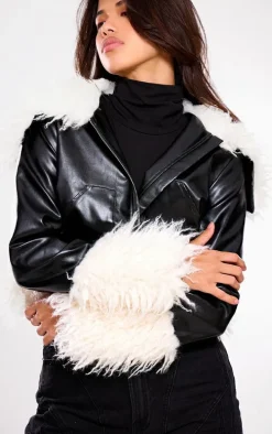 Black Faux Fur Trim Contrast Faux Leather Jacket