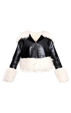 Black Faux Fur Trim Contrast Faux Leather Jacket