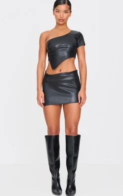 Black Faux Leather Asymmetric Hem Mini Skirt