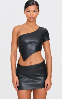 Black Faux Leather Asymmetric Hem Mini Skirt