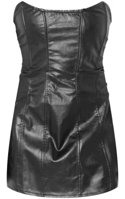 Black Faux Leather Bandeau Corset Shift Dress