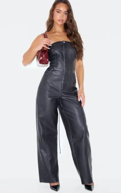 Black Faux Leather Bandeau Lace Back Straight Leg Jumpsuit