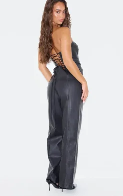 Black Faux Leather Bandeau Lace Back Straight Leg Jumpsuit