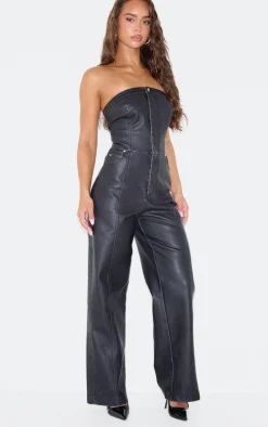 Black Faux Leather Bandeau Lace Back Straight Leg Jumpsuit