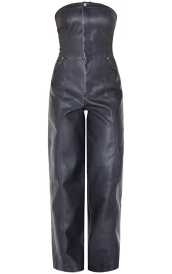 Black Faux Leather Bandeau Lace Back Straight Leg Jumpsuit