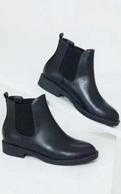 Black Faux Leather Basic Chelsea Ankle Boots
