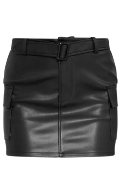 Black Faux Leather Belted Micro Mini Skirt