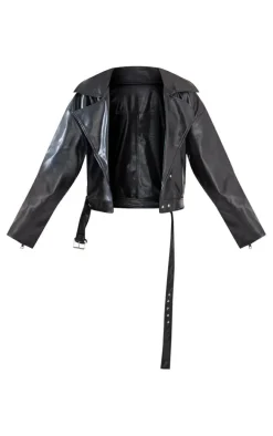 Black Faux Leather Belted Relaxed Fit Biker Jacket