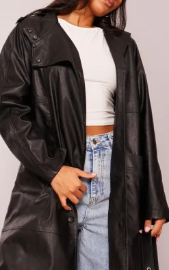 Black Faux Leather Biker Detail Midi Coat