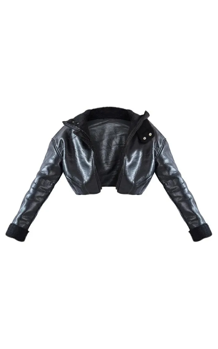 Black Faux Leather Borg Lined Super Cropped Aviator Jacket