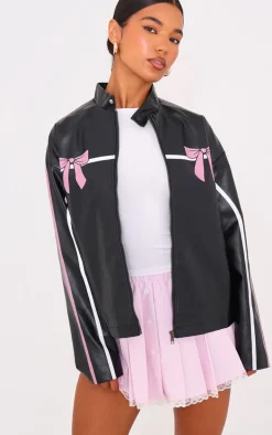 Black Faux Leather Bow Print Detail Jacket