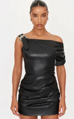 Black Faux Leather Buckle Detail Top