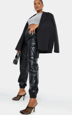 Black Faux Leather Cargo Pants