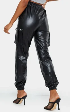 Black Faux Leather Cargo Pants