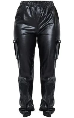 Black Faux Leather Cargo Pants
