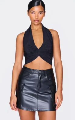 Black Faux Leather Cargo Micro Mini Skirt