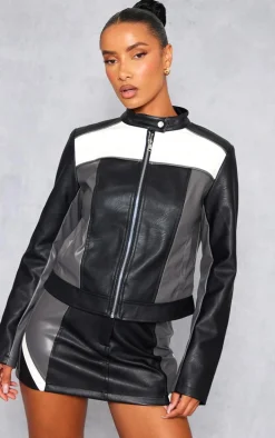 Black Faux Leather Contrast Panel Motor Jacket