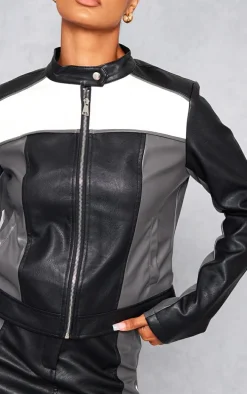 Black Faux Leather Contrast Panel Motor Jacket