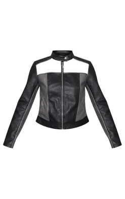 Black Faux Leather Contrast Panel Motor Jacket