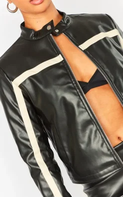 Black Faux Leather Contrast Panel Motorcross Jacket