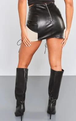 Black Faux Leather Contrast Panel Lace Up Mini Skirt