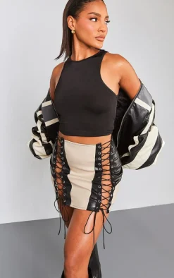 Black Faux Leather Contrast Panel Lace Up Mini Skirt