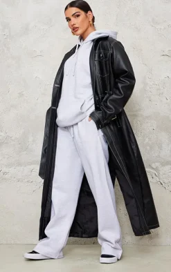 Black Faux Leather Contrast Stitch Split Hem Trench Coat