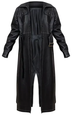 Black Faux Leather Contrast Stitch Split Hem Trench Coat