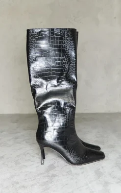 Black Faux Leather Croc Square Toe Low Heeled Knee Boots