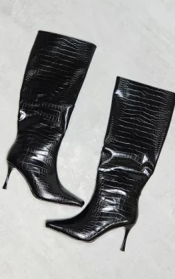 Black Faux Leather Croc Square Toe Low Heeled Knee Boots