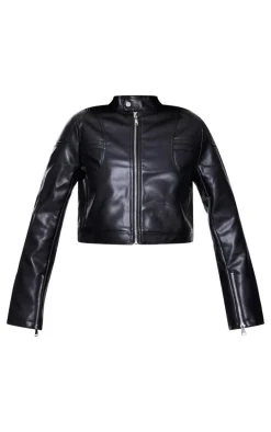 Black Faux Leather Cropped Biker Jacket
